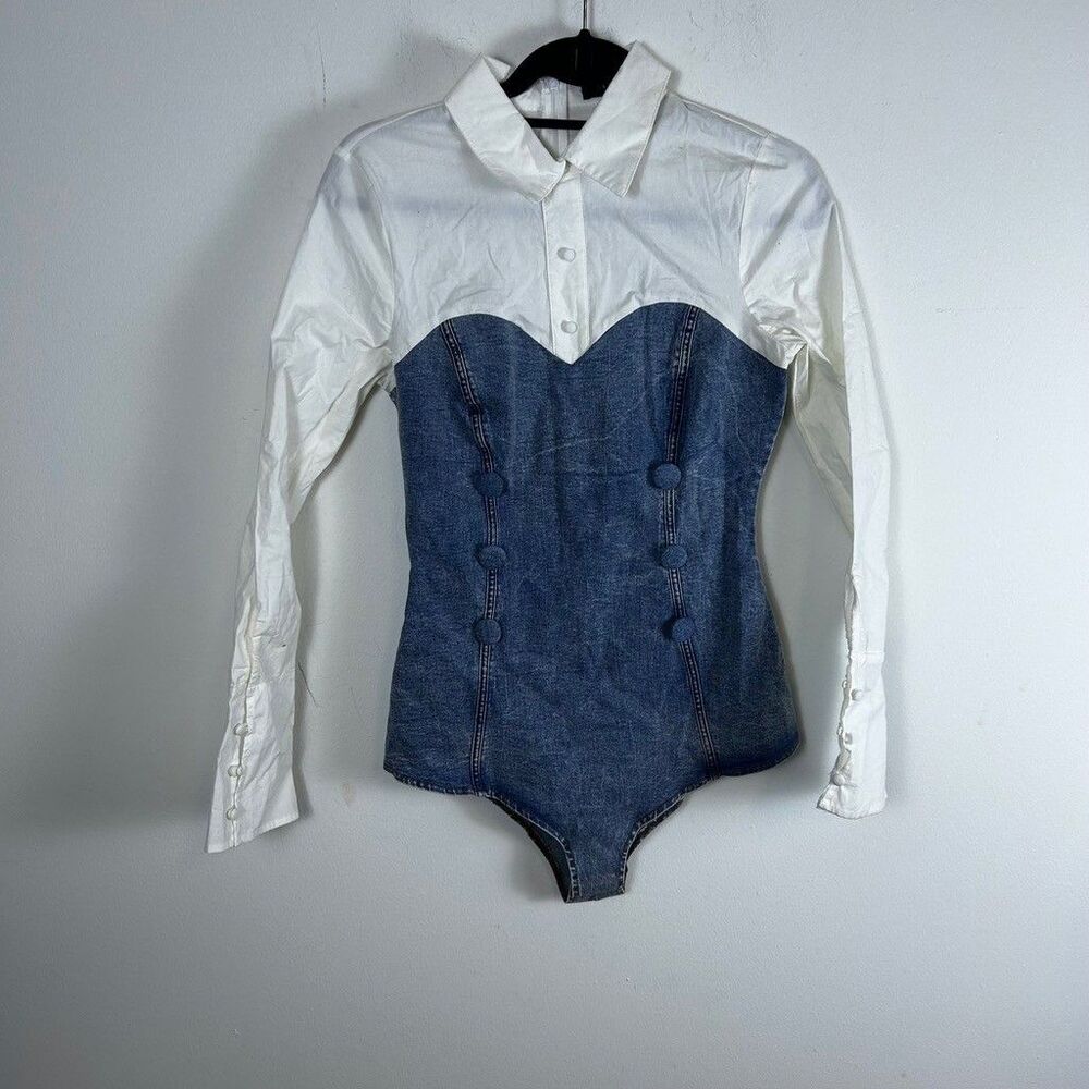 Akira Denim Corset Bodysuit Womens Medium White Long Sleeve Button Down Romper
